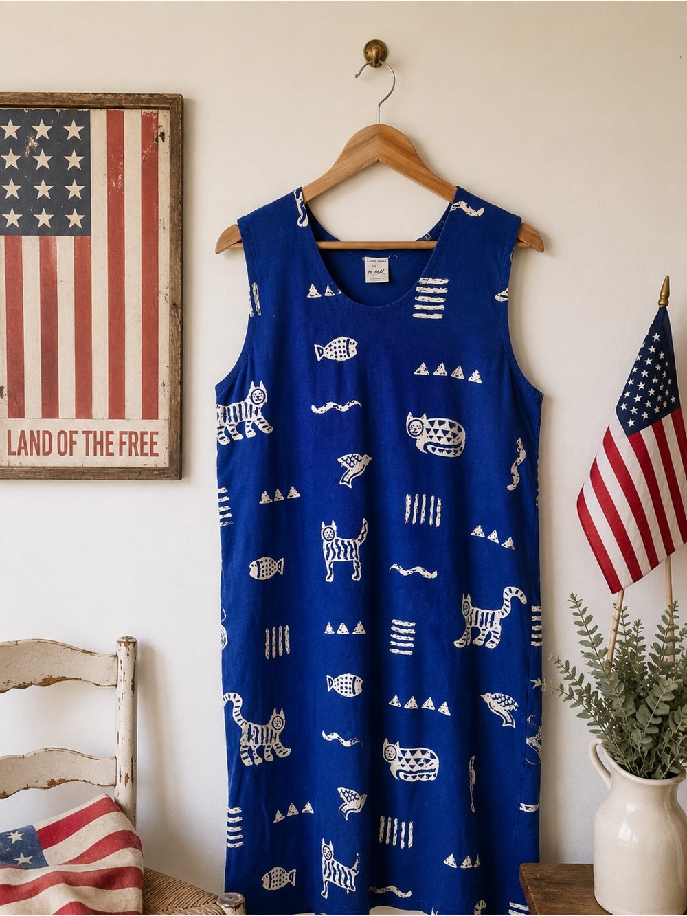 Vintage M. Mac USA Patriotic Blue Cotton Dress Folk Art July 4 Americana L XL